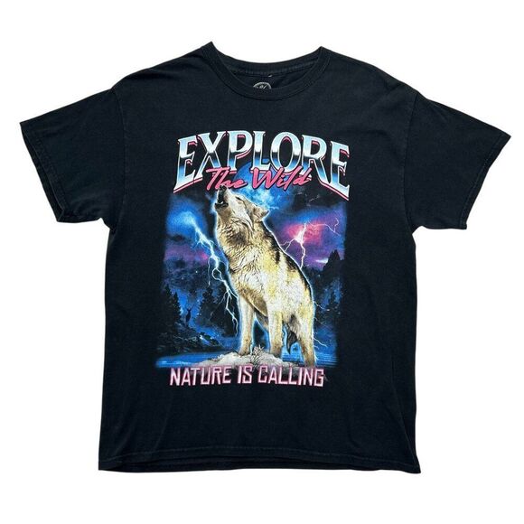 DOM Men's Size Large Black Explore The Wild Wolf Graphic T-Shirt - Picture 1 of 6